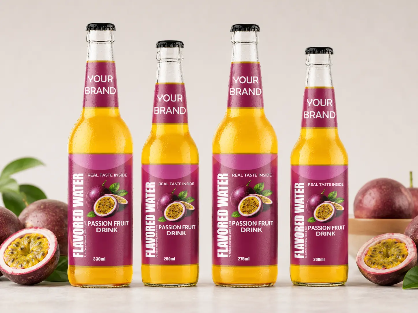 FLAVORED WATER Passion Fruit flavour in 200ml, 250ml, 275ml and 330ml glass bottles.